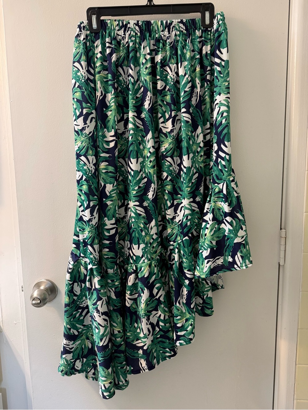 Green and Navy Tropical Leaf Asymmetrical Midi Skirt